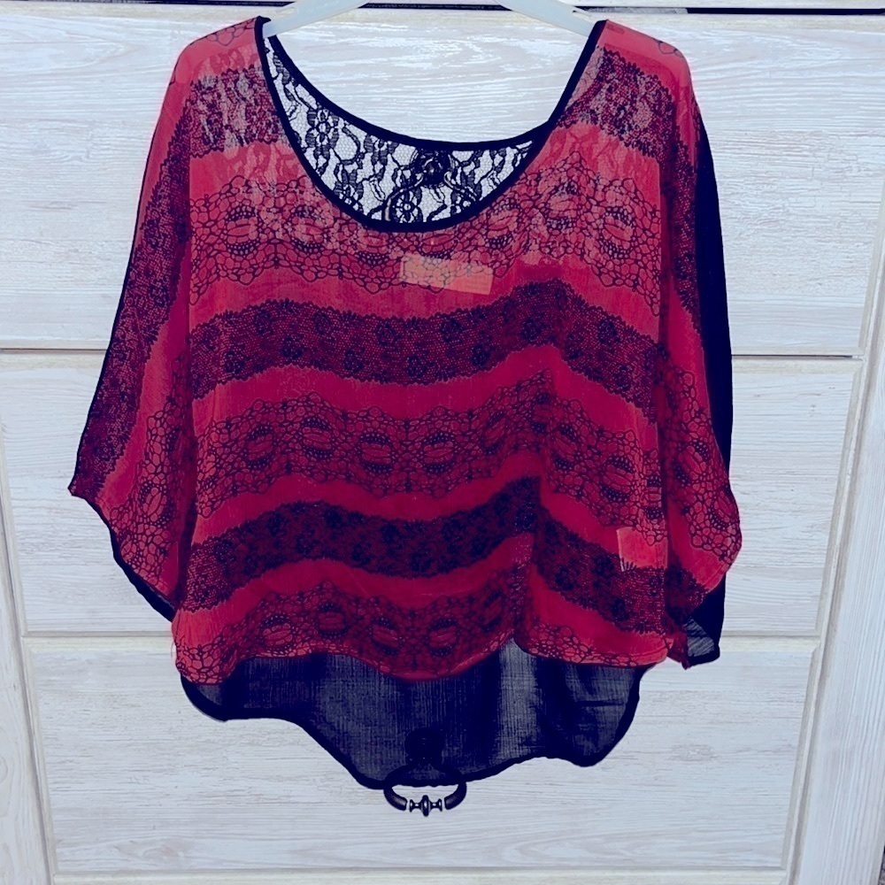Dream Out Loud Red And Black Y2k Dolman Sleeve Sheer Top